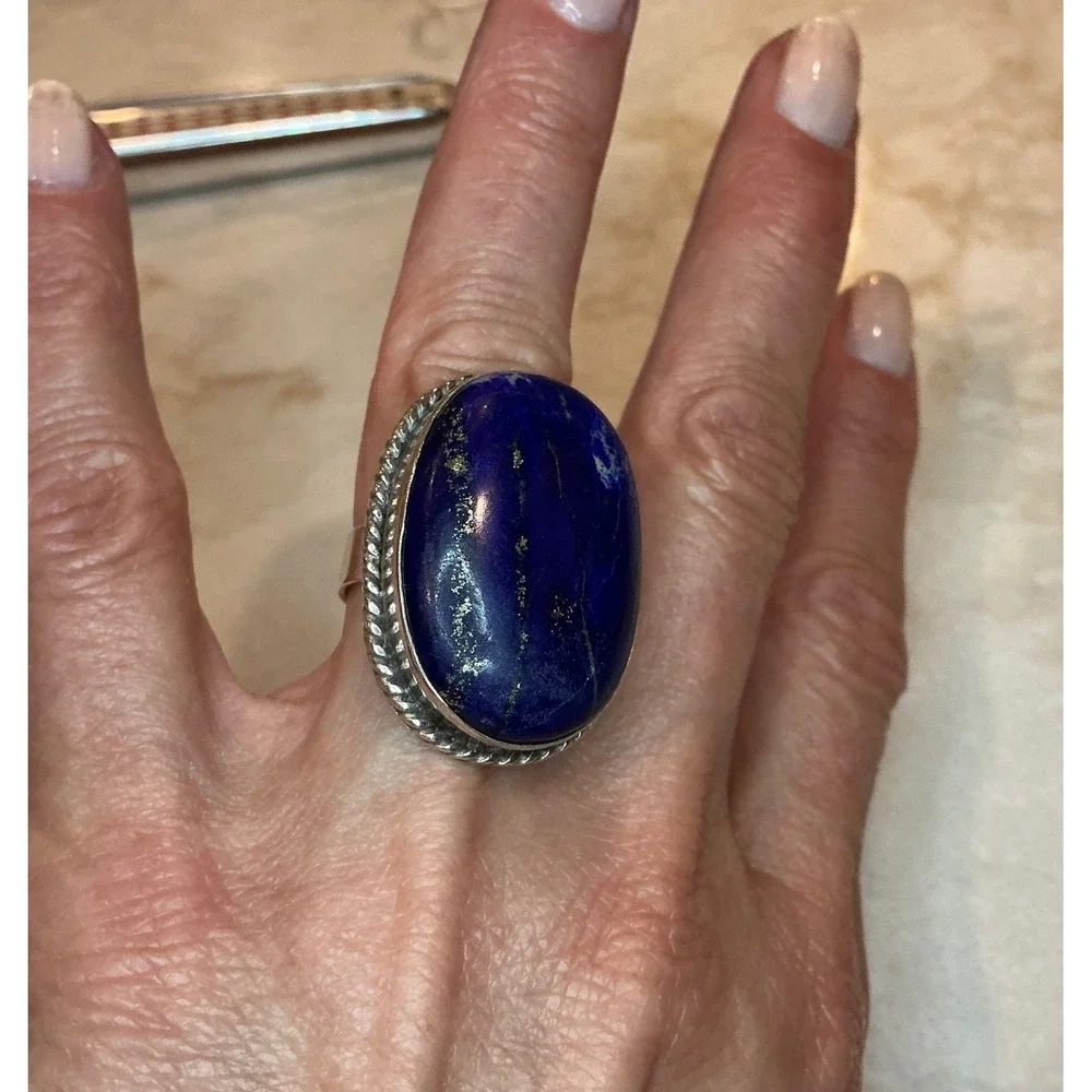 Sterling Silver 925 Lapis Lazuli Statement Ring Oval Rope Edge Band Size‎ 6.25